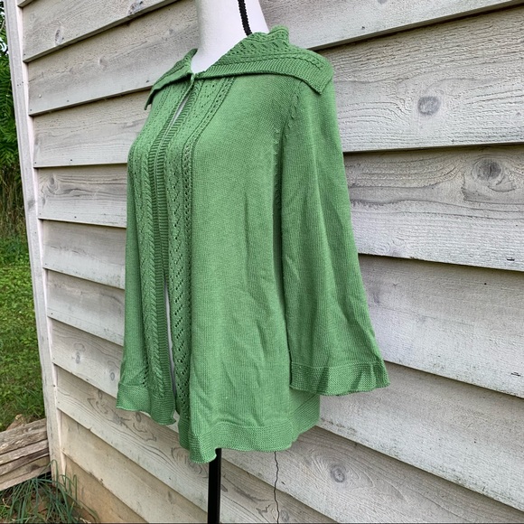 True Vintage 70s Green Peter Pan Collar 3/4 Sleeve Baby Doll Cardigan Sweater - Picture 3 of 16